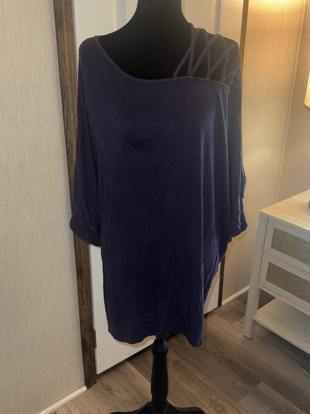 White Birch Navy Blue One Shoulder Top with Criss Cross Detail NWT